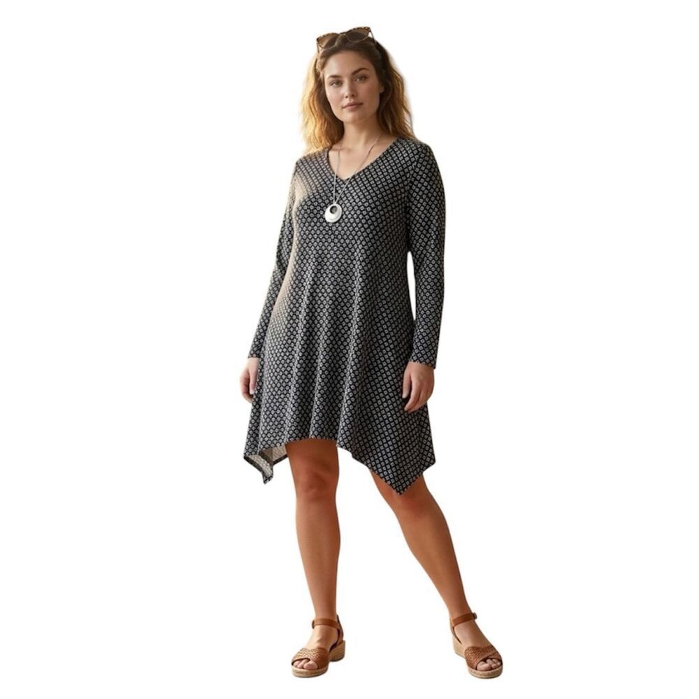 Gudrun Sjoden Mini Tunic Dress Womens Size L Black Gray Floral A-Line Swing